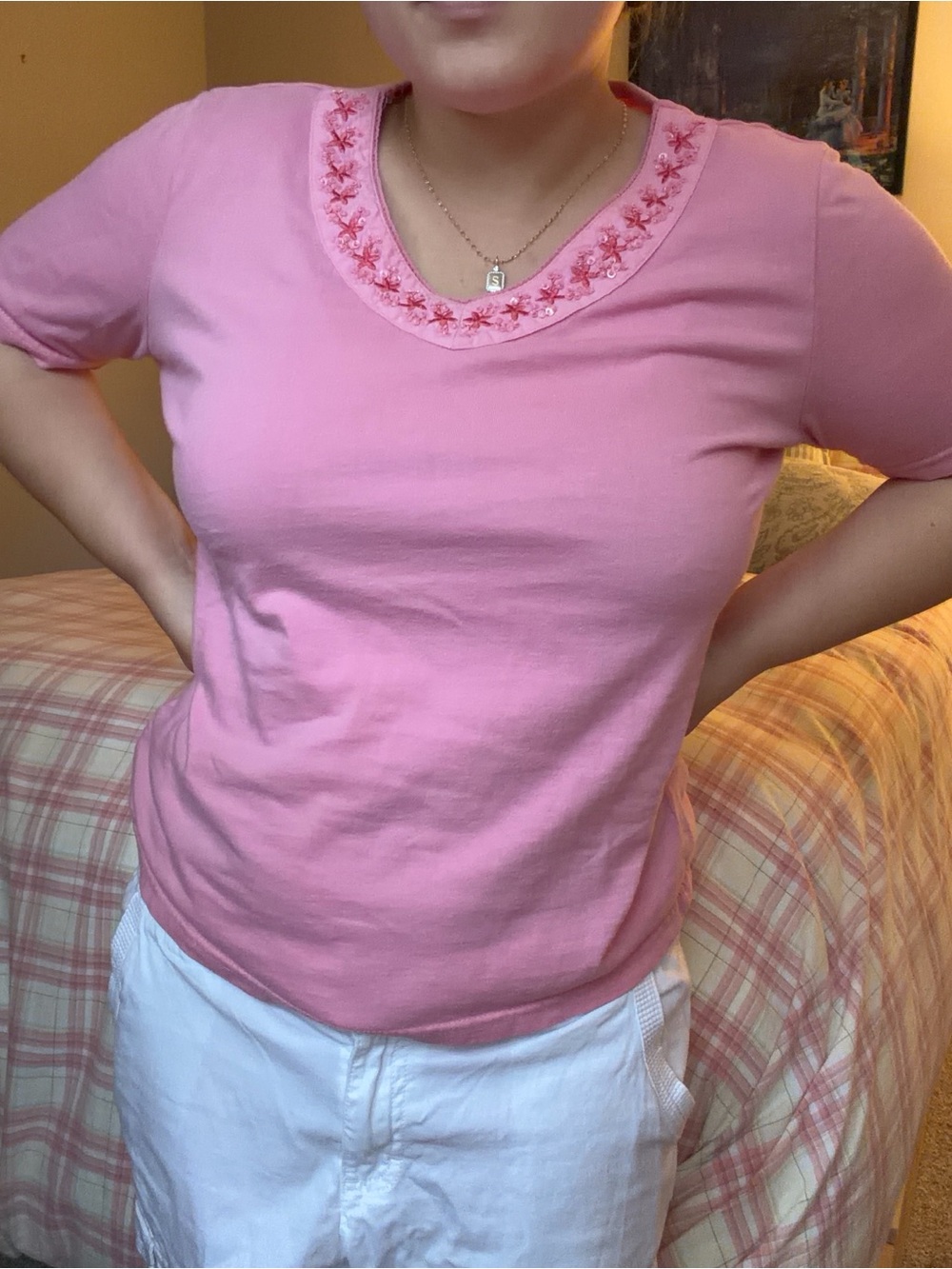 Pink Beaded V Neck Top